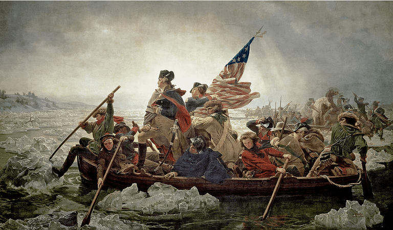 Washington leading his troops on Christmas Eve surprise attack that turned the tide of the revolutionary war